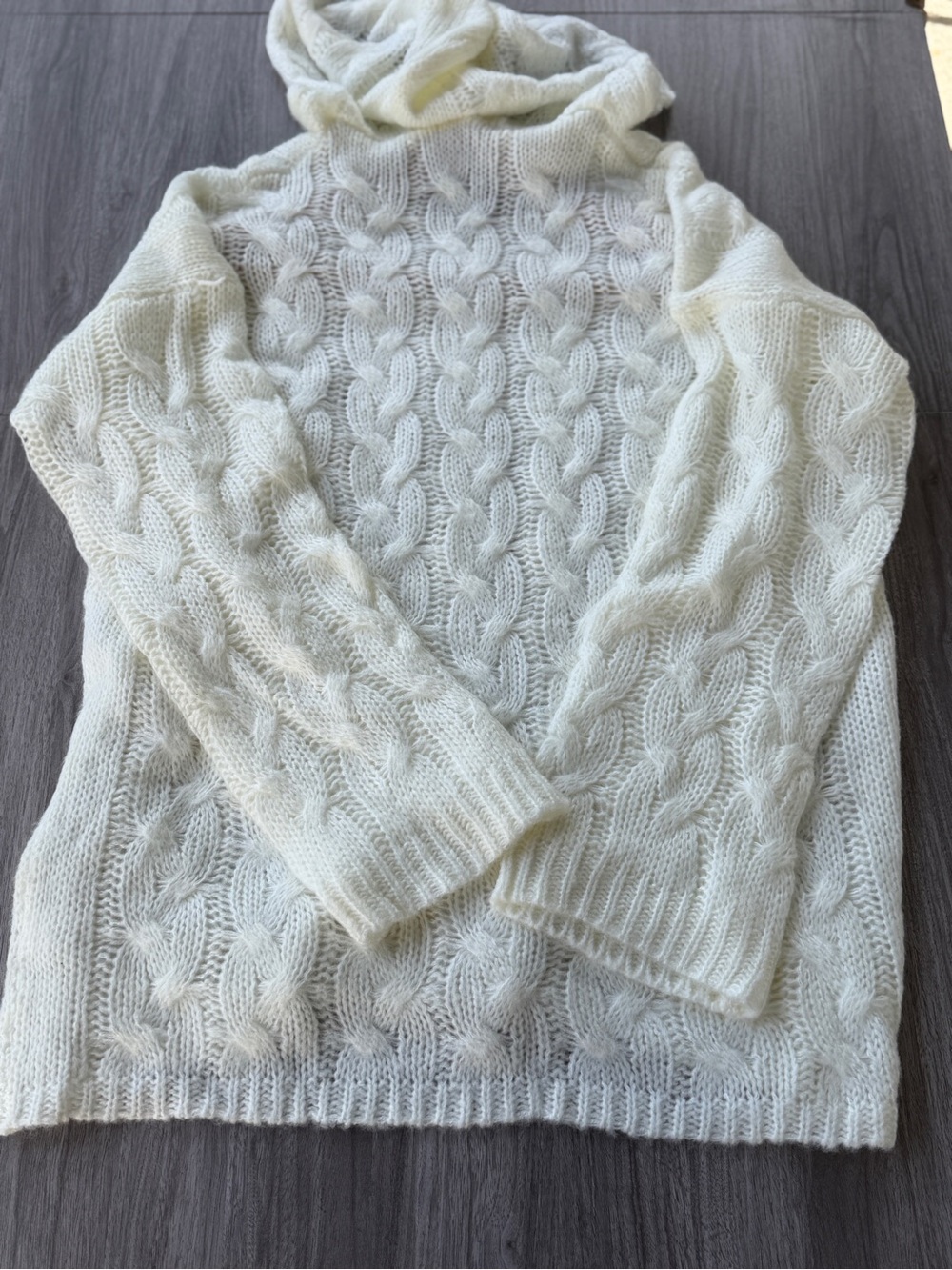 Cream White Open Cable Knit Hooded Sweater Women XXL V-Neck Slouchy Pullover - Picture 10 of 12